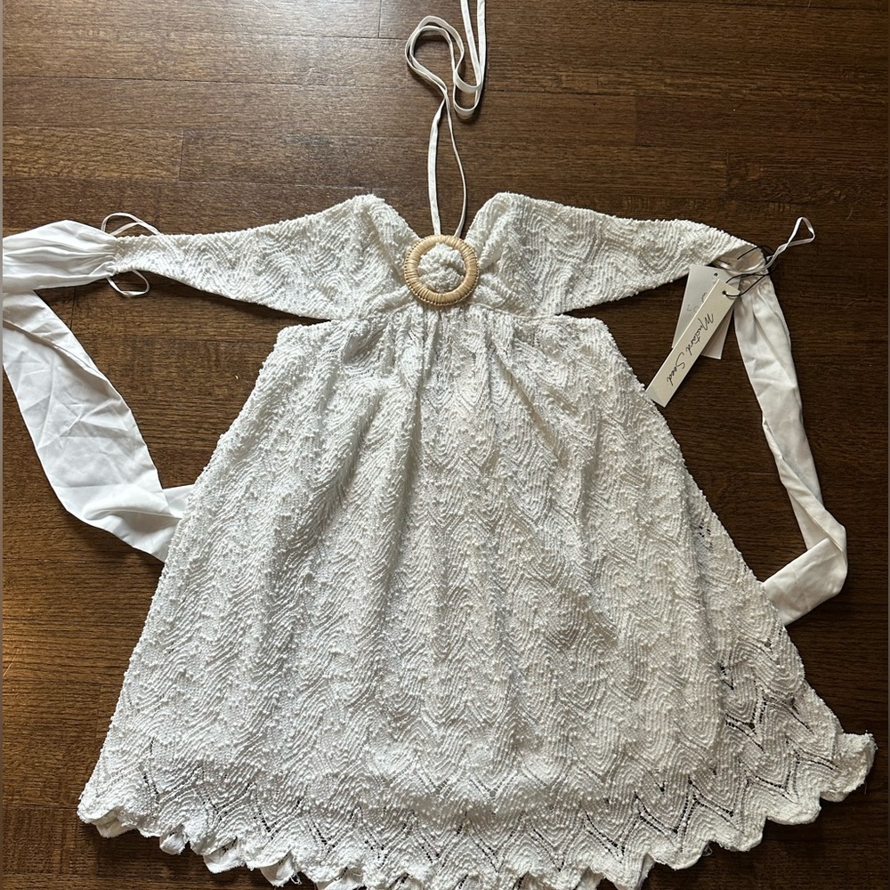 Mustard Seed Front Buckle Halter Neck Mini Dress in White.